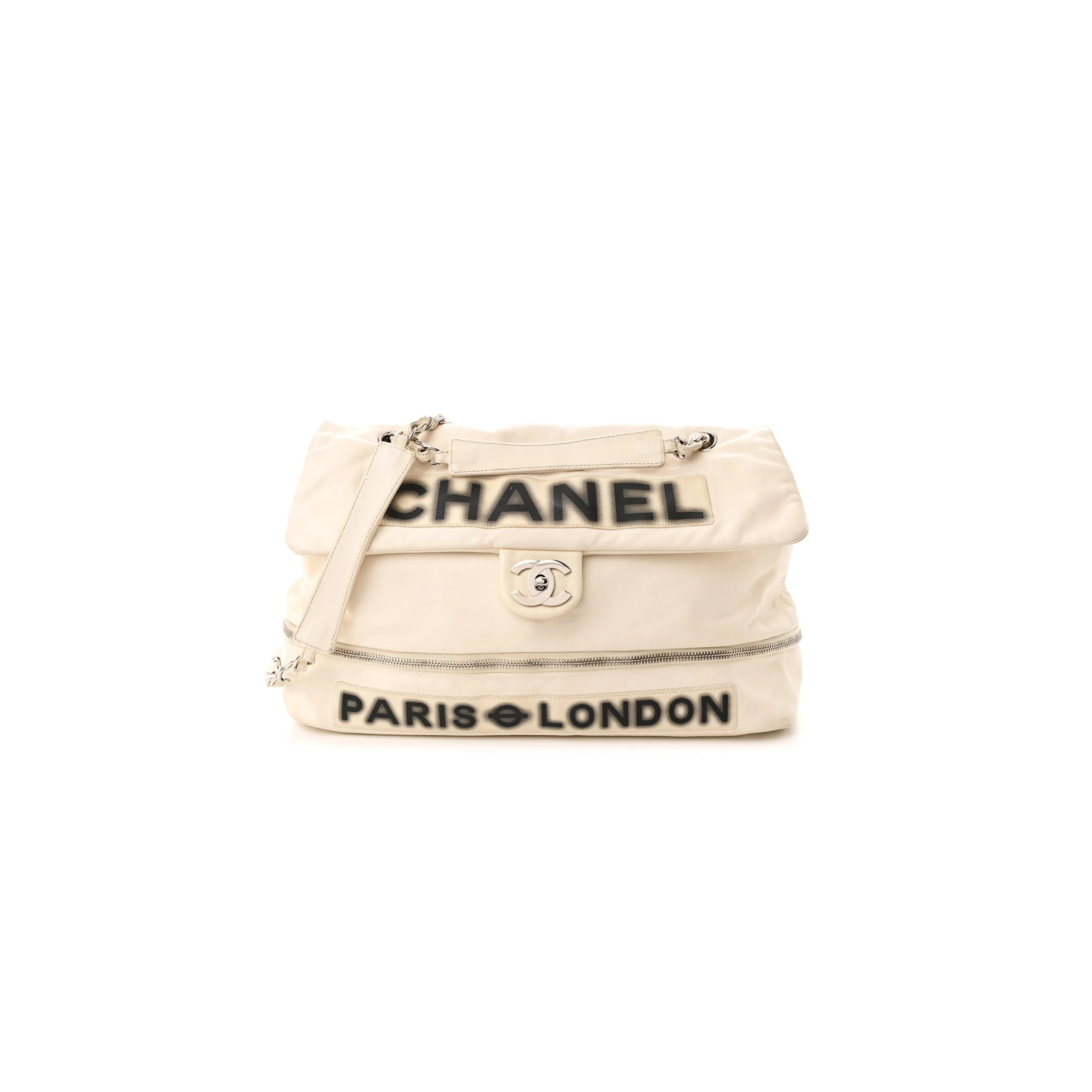 CHANEL CALFSKIN LARGE EXPANDABLE PARIS LONDON FLAP BAG WHITE (36*25*11cm)